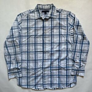 Vintage Tommy Hilfiger White & blue plaid long sleeve button up pocket shirt